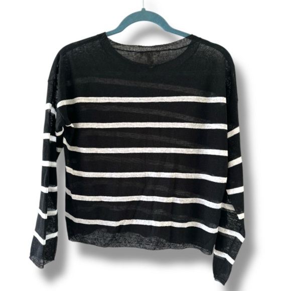 Eileen Fisher Petite Crepe Black White Striped Top Linen Blend Women’s Size PP - Picture 6 of 16